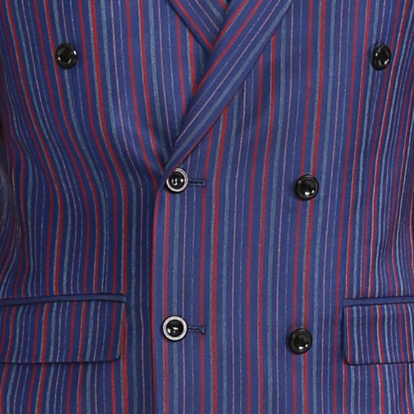Mens Streak Pinstriped 2pc Double Breasted Suit, Blue w/ Red and White Stripes - Picture 4 of 9